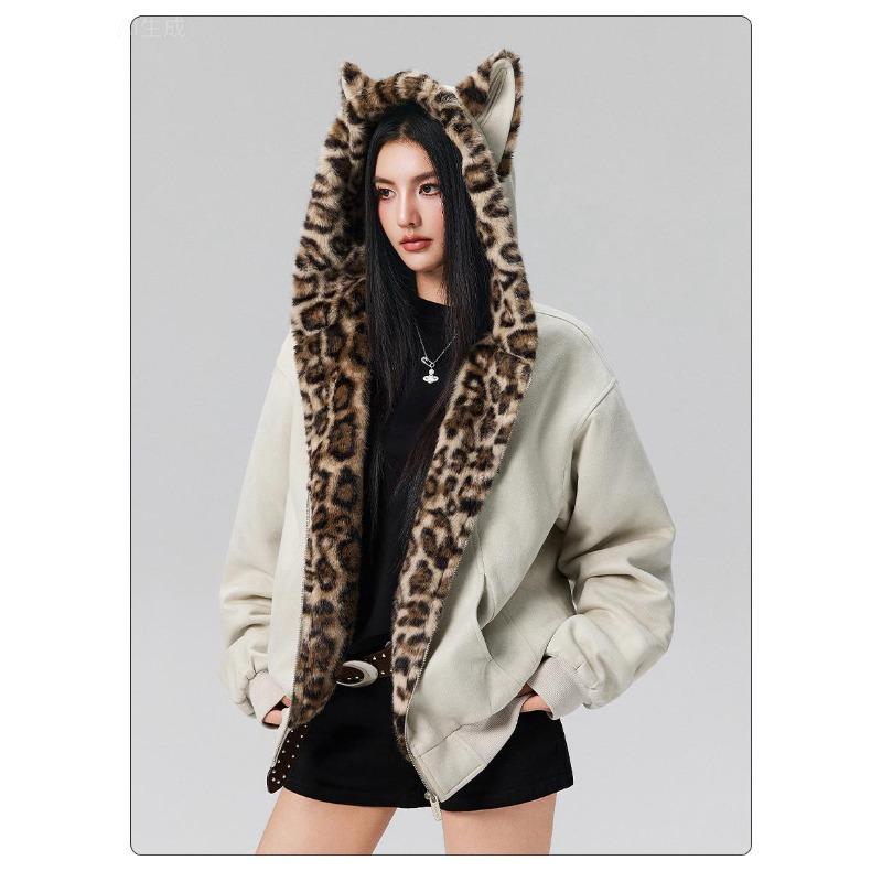 Women's New American Leopard Cat Ears Short Section of Cold Lightweight Thickened Padded Warm Loose High-quality Fabric Casual Sports Cotton Clothing