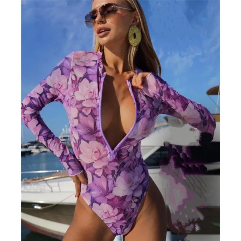 Women Long Sleeve Rash Guard One Piece Swimsuit, Zip Up UV Sun Protection Quick Dry Surfing Bathing Suit