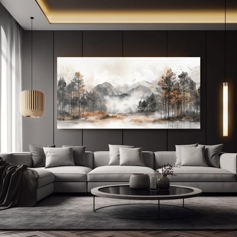 Wall Art Misty Forest Mountain View Abstract Painting Frameless Picture for Living Room Bedroom Office High Quality Print Canvas