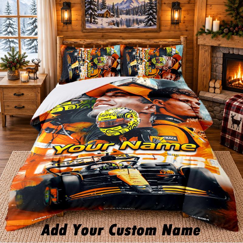 Lando Norris Muster Bettwäsche 3-teiliges Set Individueller Name, Bettlaken und Kissenbezüge für Zuhause Schlafzimmer