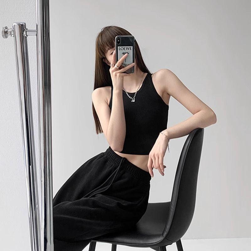 

Fashion Sexy Sexy Sling Short Midriff-Baring Tank Top Women s Outwear Spring and Summer Inner Bottoming Shirt Thread Cotton Top Black L