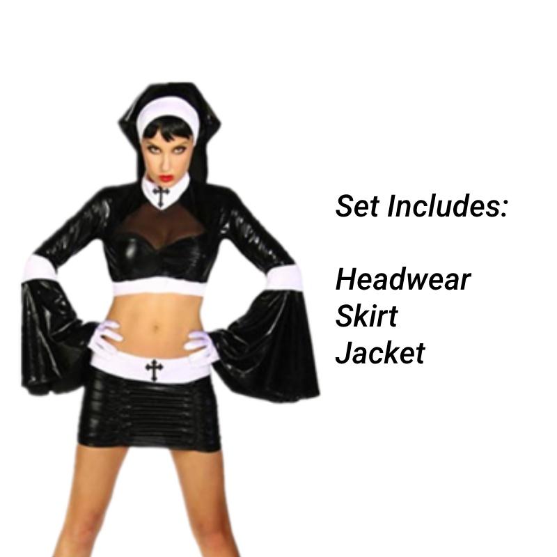 Coated Halloween Split Nun Sexy Cosplay Costume Set Black Skirt Perform Party