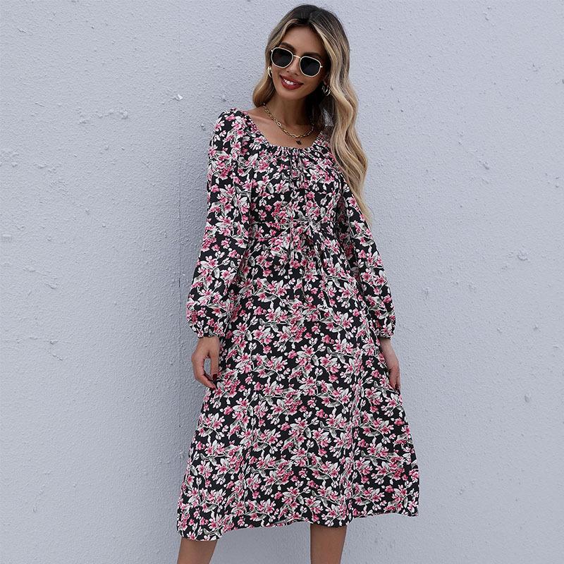 Strictly selected new products, new women s clothing, autumn long-sleeved skirt, French square neck floral skirt, European and American foreign trade S
