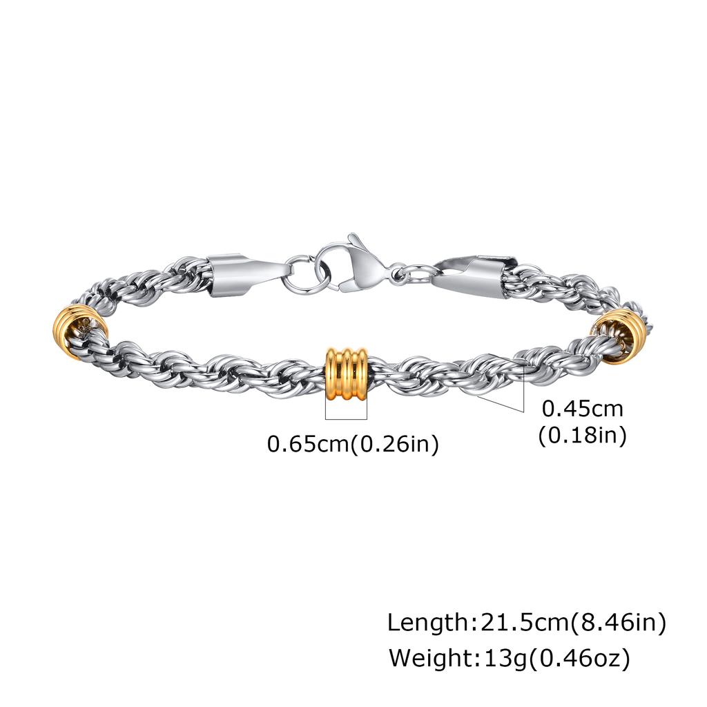 Classic Stainless Steel Btacelets for Men Boys,Silver Color Links Wristband with Gold Color Beads,Stylish Cool Jewelry Gifts