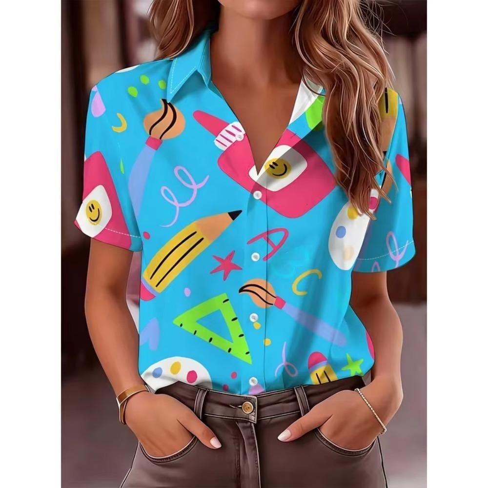 Women's Macaron Short Sleeve Blouse Lapel Collar Lightweight Breathable Shirt Preschool Teacher Casual Beach Top Spring Summer F