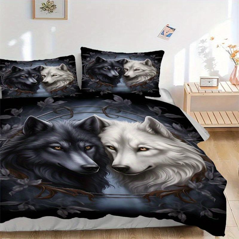 3pcs Wolf Pair Bedding Set Soft Polyester Down Comforter Cover and Pillowcases,Home Decoration All Seasons(No Insert) S0819107