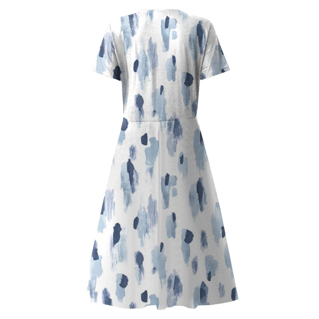 Women's Summer Casual Fashion Floral Print Short Sleeve V-Neck Swing Dress