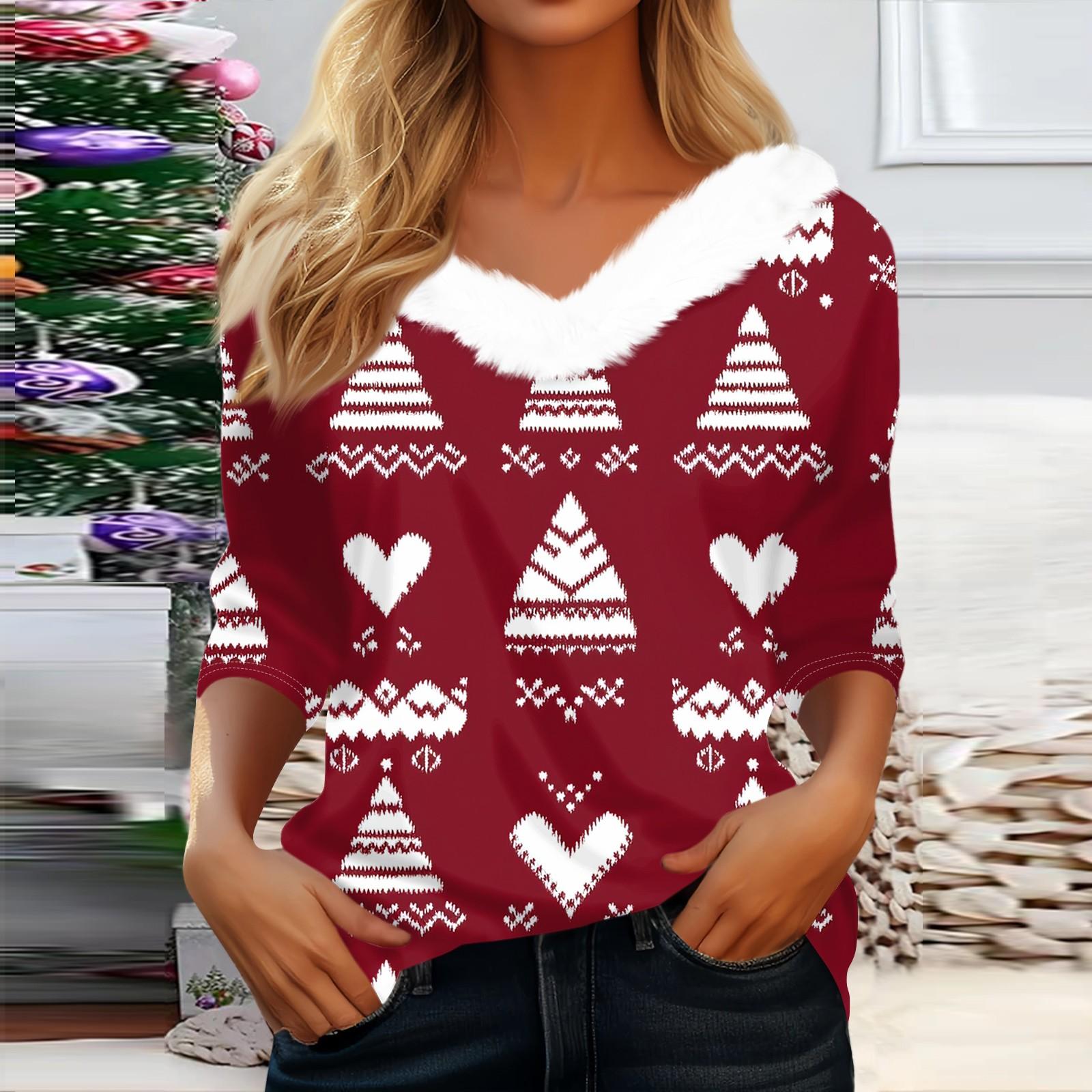 

Рубашки с рукавом 3/4 для женщин, рождественские футболки с графическим принтом, блузки, повседневные базовые топы на пуговицах больших размеров, пуловеры M