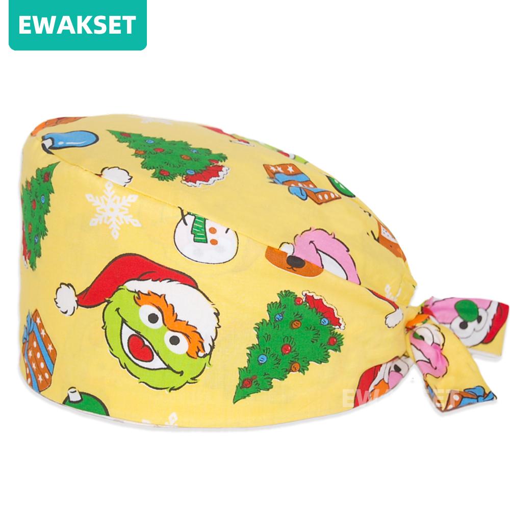 Unisex Christmas Printed Medical Caps Women Men Nurse Doctor Top Surgical Cap Chef Working Hat 100%cotton Scrub Cap
