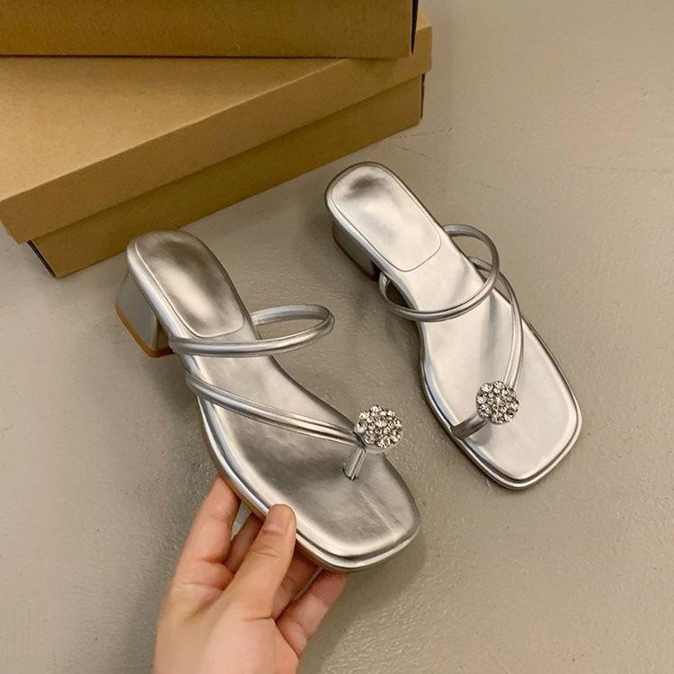 Minimalist ins rhinestone sandals women's summer legs long fashion one-word drag comfortable versatile lightweight square heel cool slippers