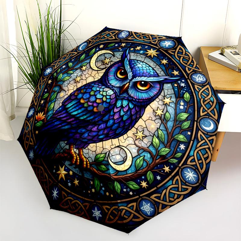 Flower Owl pattern, automatic folding umbrella, portable and foldable design, 8 ribs, a Christmas or birthday gift.