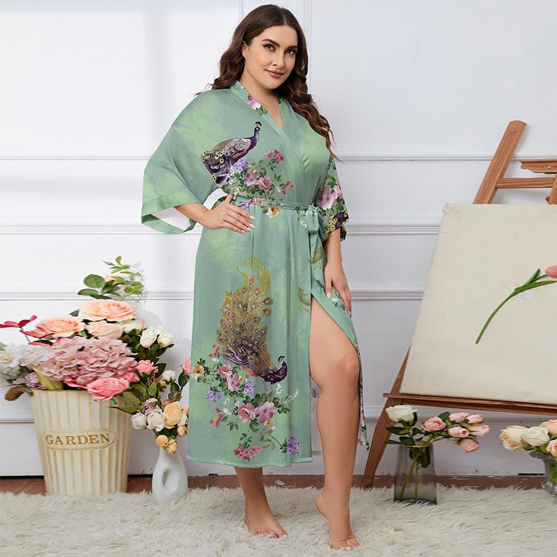 Übergröße Satin Sommer Pyjama & Bademantel Set für Damen - Leichter Luxus Eisseide