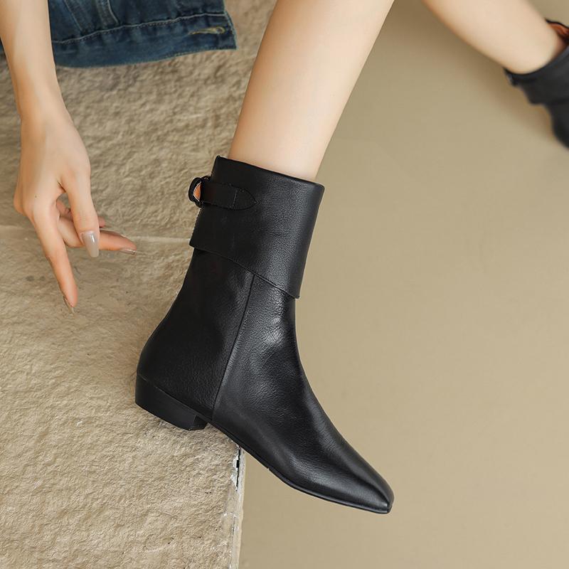 Fashion Black Square Toe Elegant with Low Heels Ladies Mid Calf Shoes Trend 2025 Pu Chic Cosplay Comfortable New Women's Half High Boots