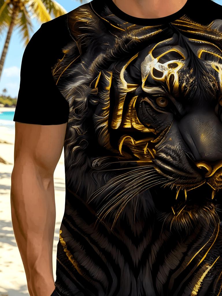 Men'S Digital Print T-Shirt, Men'S Casual Athletic Tee, Black And Golden Fierce Tiger Full Print Short Sleeve, Casual Versatile Trendy Men'S Round