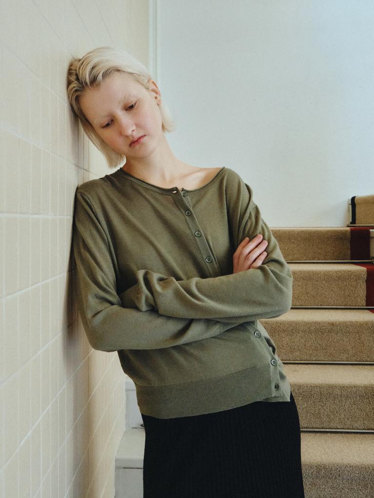Reply Wool Blend Diagonal Cardigan_Khaki