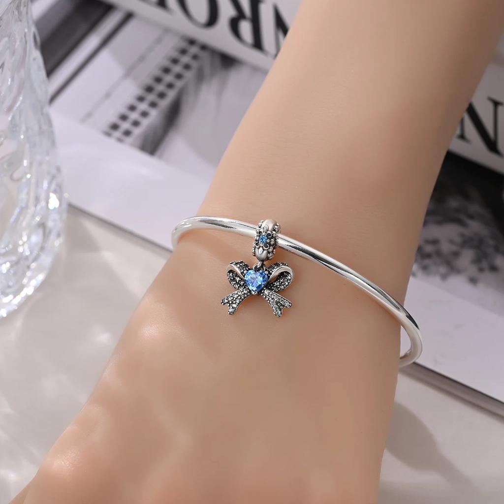 Charms Original Copper Blue Zircon Butterfly Knot Heart Pendant Beads Fit Bracelet Diy Fine Gift Women Delicate