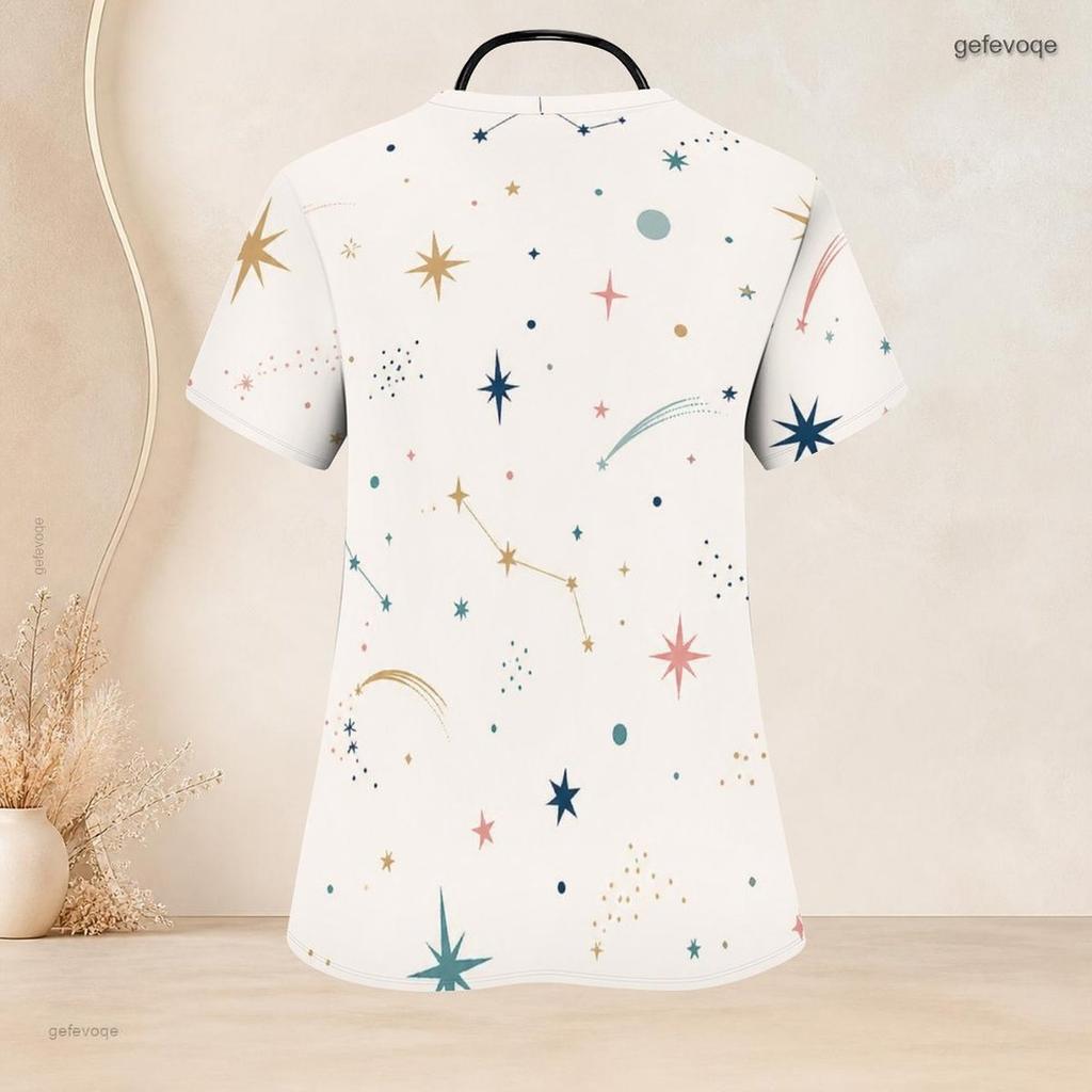 Women Plus Size V Neck Short Sleeve Scrub Top Boho Abstract Multicolor Heart Star Print Nurse Uniform Top
