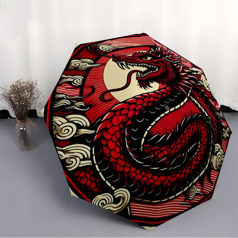 1pc Red Dragon Pattern Automatic Folding Umbrella, Portable & Foldable Design with 8 Ribs, Casual Outdoor Accessory Halloween and Christmas