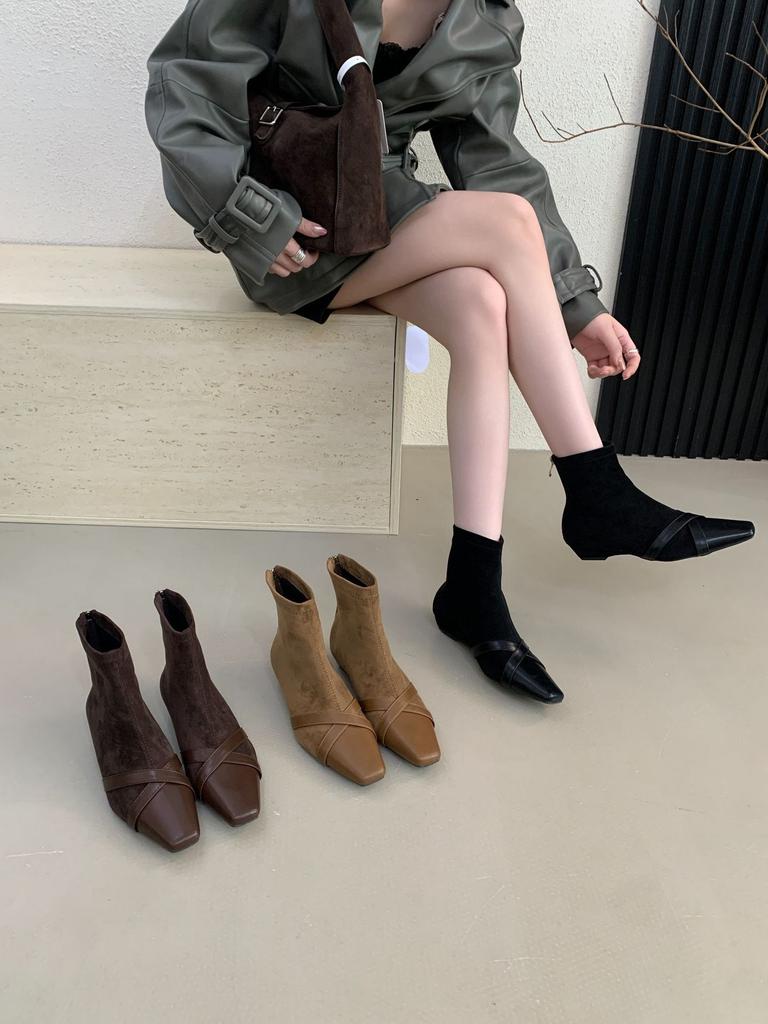 French Retro Suede Huge Good-looking Short Boots Women's Fashion Foreign Low-heeled Small Ankle Boots Square Head Elastic Thin Boots