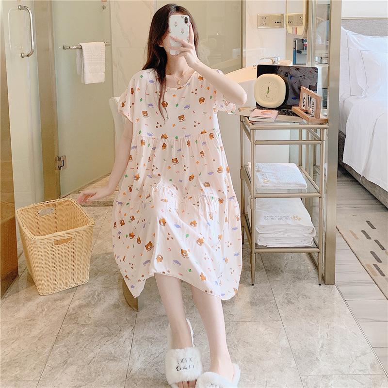 Cotton and silk nightgown women's spring and autumn casual short-sleeved large-size printed pajamas summer thin high-end cotton loungewear
