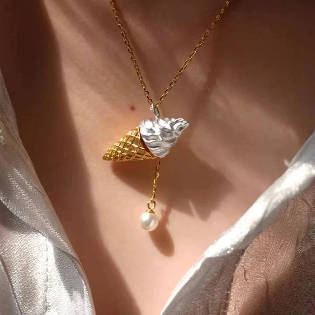 Cone Ice Cream Necklace, Fresh And Sweet Versatile Pearl Necklace, Simple Collarbone, Daily Matching For Women
