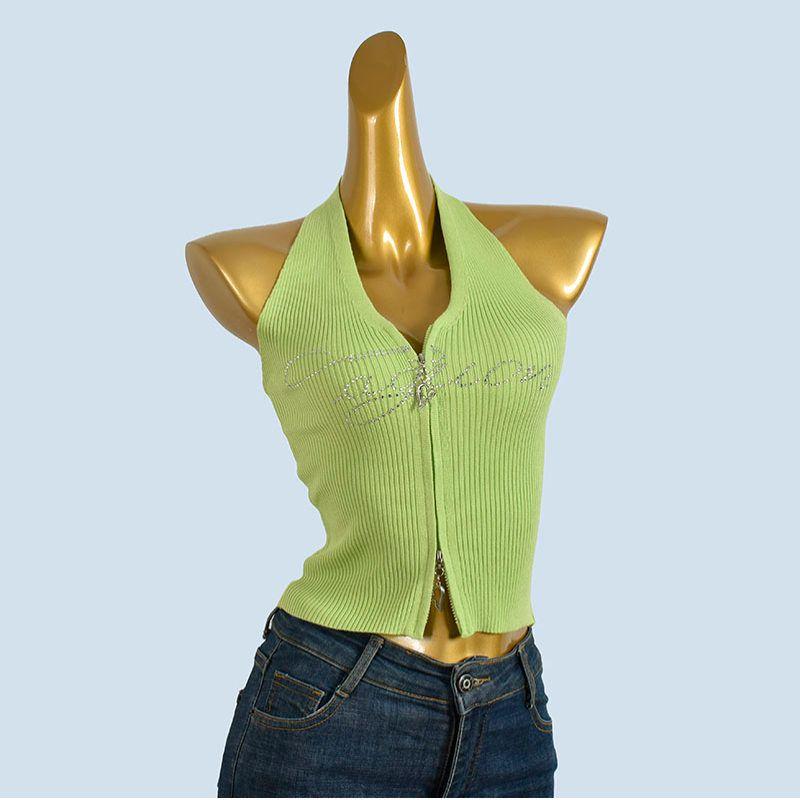 Fashion Sexy Rhinestone Knitted Small Tank Top Vest Women's Summer Inner Wear Halterneck Bandeau Sexy Short Tops Outerwear