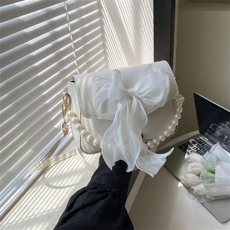 Fashi Lace Bow Single Shoulder Handbag, Korean Fairy Gentle Style Pearl Crossbody Bags, Versatile for Commuting and Banquets