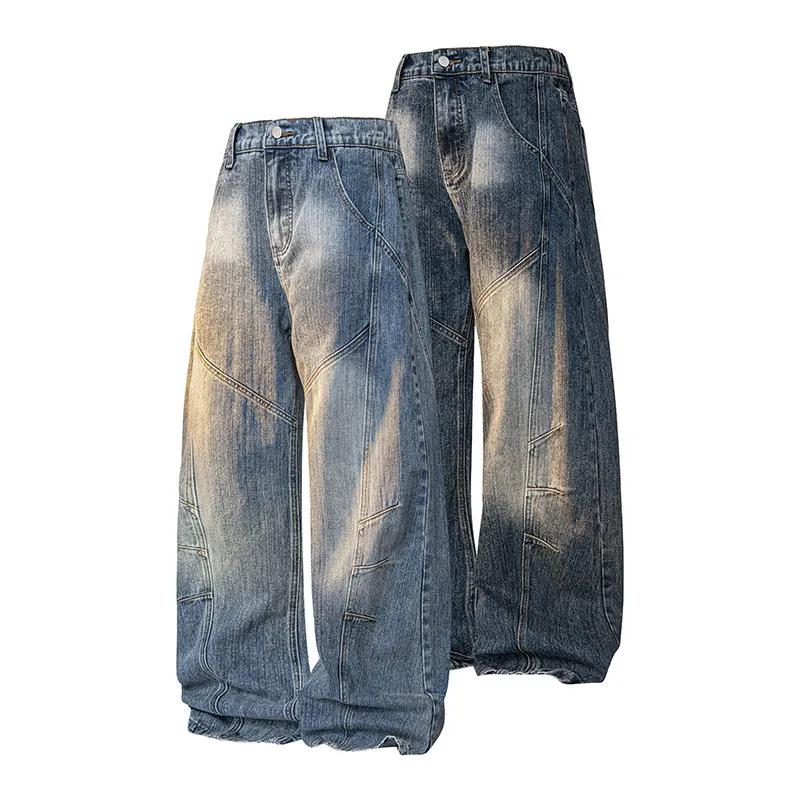 2026 Men Straight Leg Jean Pants Men Denim Pants High Waist Patchwork Vintage Knife Pants Male Streetwear Trousers Casual Wear