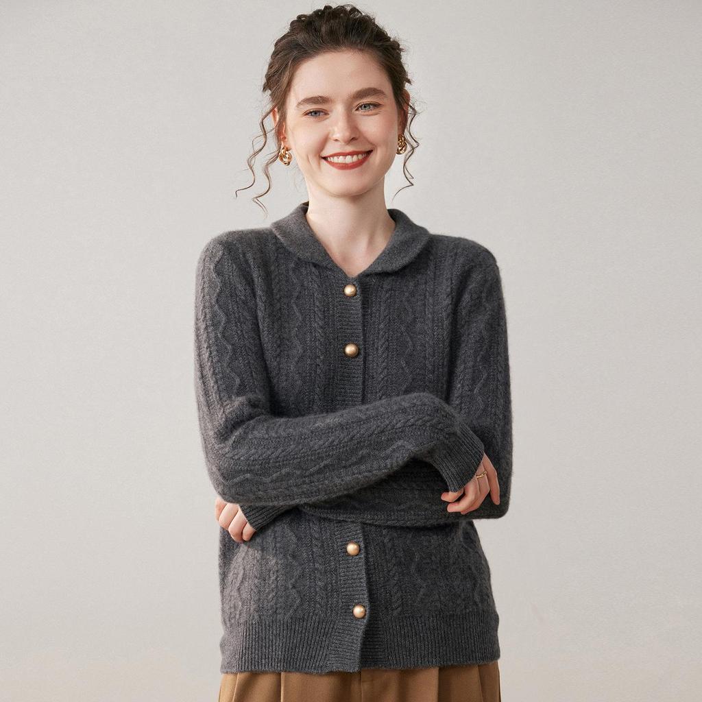 Korean Style Loose Cashmere Cable Knit Polo Collar Cardigan for Women