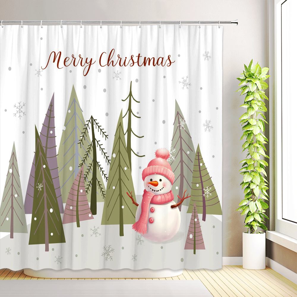 Weihnachtsbaum Duschvorhang Winter Schneeflocke Stern Kiefernwald Büffelkaro Weihnachten Badevorhang Stoff Badezimmerdeko mit Haken
