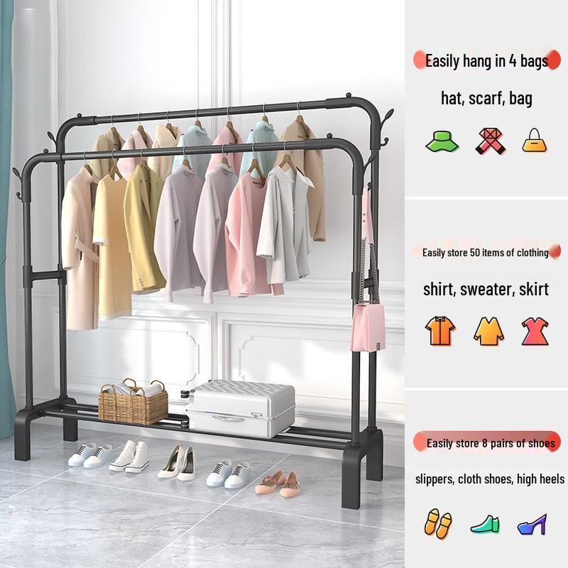 Plastic Floor-Standing Balcony and Bedroom Clothes & Hat Rack, with Folding Drying Pole and Storage.