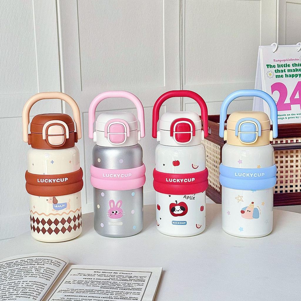 Tecknad söt termosmugg flickor högt värde rostfritt stål sugrörsmugg student tecknad stor kapacitet bärbart handtagsmugg