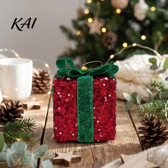 Christmas Window Ornaments Gift Box Ornament with Glitter, 3D Present Hanging Decor Seasonal Indoor Green Ribbon Bow, Holiday Tree Pendant,