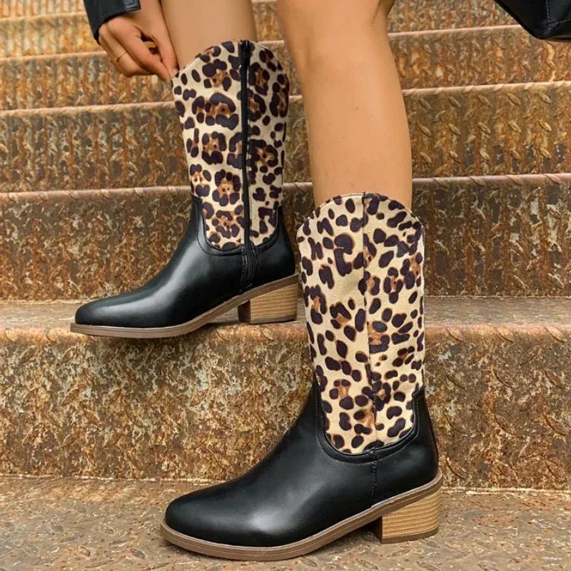 Fashion Mid-heel Chelsea Boots Women Leopard Print Fashion Warm Boots 2024 Brand Design Winter Punk Thick-soled Womens Boots Botas Mujer