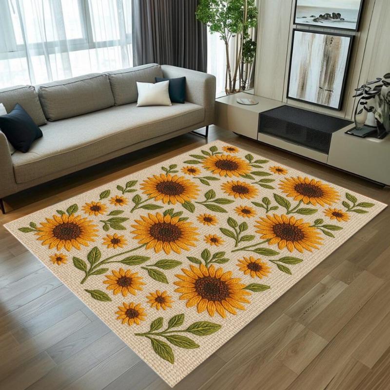 Sunflower Floral Faux Weave Area Rug Natural Garden Home Decor Carpet Living Room Bedroom Soft Non-slip Floor Protection Mat