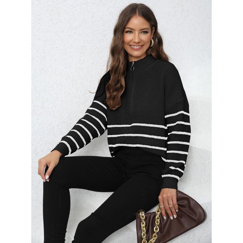 Women's Autumn/Winter Knitted Stripe Patchwork Half High Neck Zip Loose Woven Sweater