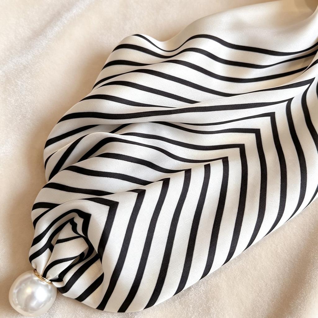 Popular Magnetic Buckle Pearl Necklace Silk Scarf Classic Striped Design Small Scarf Women's Protection Collar Anti-sun Thin Scarf