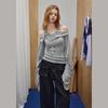 UNIFREE Women's Korean Style Off-Shoulder Faux Two-Piece T-Shirt