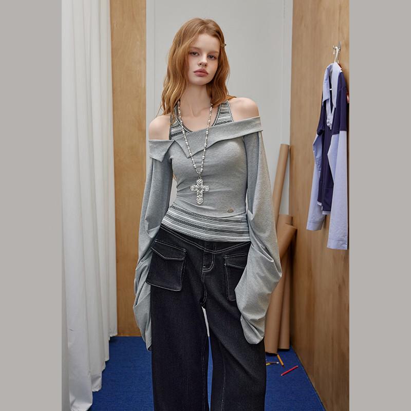 UNIFREE Women's Korean Style Off-Shoulder Faux Two-Piece T-Shirt