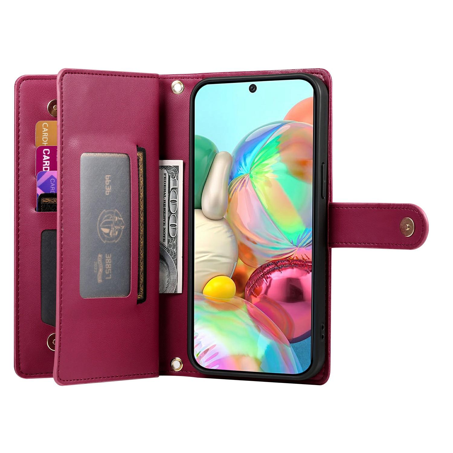 

For Google Pixel 9a Case Zipper Pocket Wallet Leather Phone Cover with Straps Pink