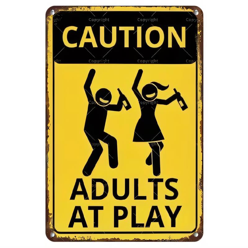 Caution Adults At Play Tin Sign Vintage Warning Metal Plaque Wall Art for Garage Patio Man Cave Retro Industrial Safety Poster