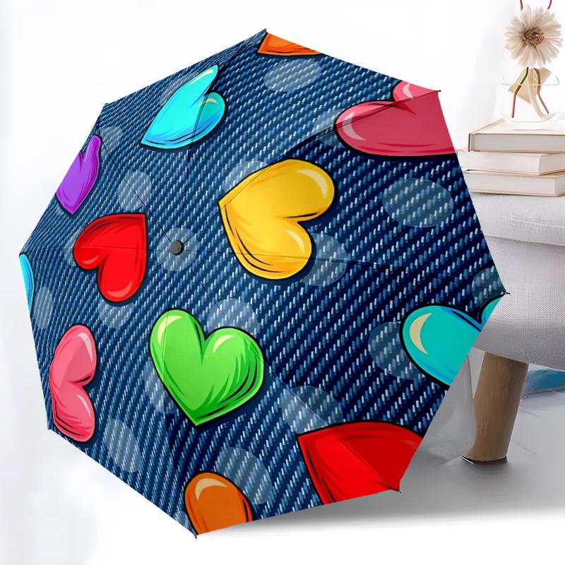 

1pc Heart Print Automatic Folding Umbrella Durable Iron Frame,All Seasons Home Travel Outdoor Multifunctional Umbrella yy251115061