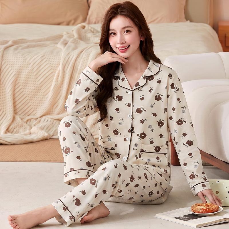 Fashion sweet printed pajamas women's spring and autumn imitation cotton long-sleeved loungewear large size comfortable mother suit