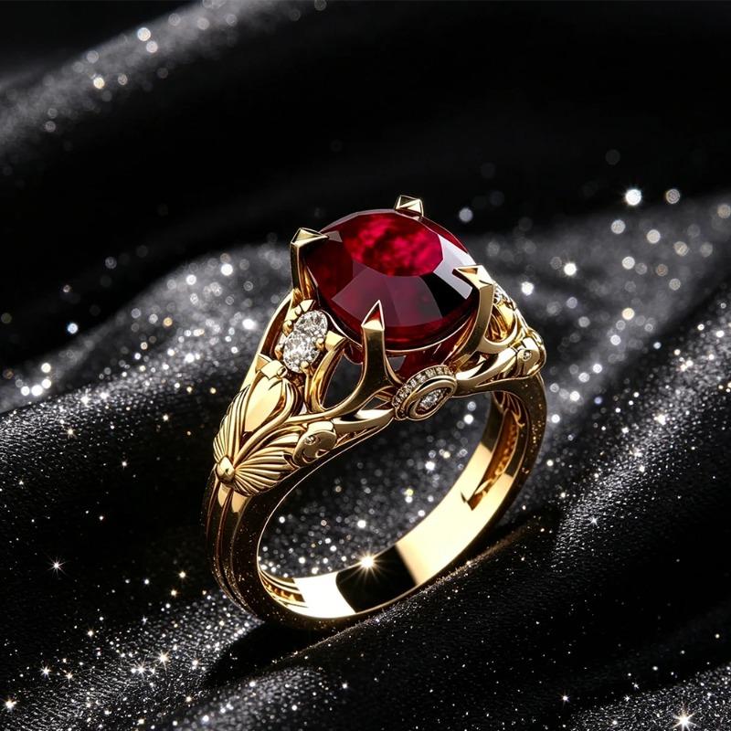 Retro Leaf Carved Ruby Ring Gold Color Red Crystal Engagement Ring Luxury Vintage Style Promise Ring for Women Wedding Jewelry