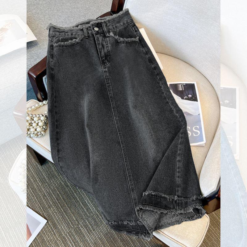 Niche High-Waisted A-Line Midi Denim Skirt - Black/Grey Straight Leg with Raw Edge Design for Women