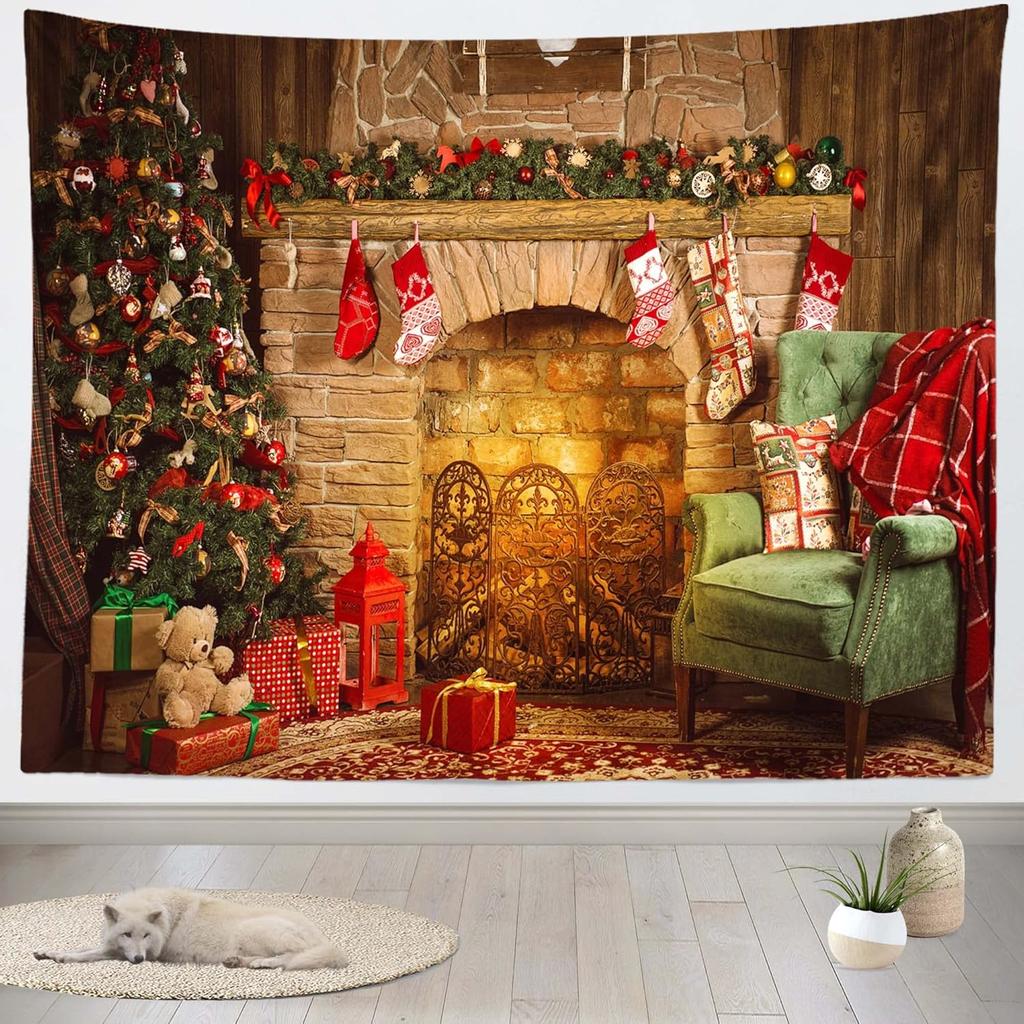 Christmas Studio Tapestry Wall Hanging Christmas Wooden Doors Windows Winter Snow Scene Xmas Trees Gifts Art Wall DecorChristmas