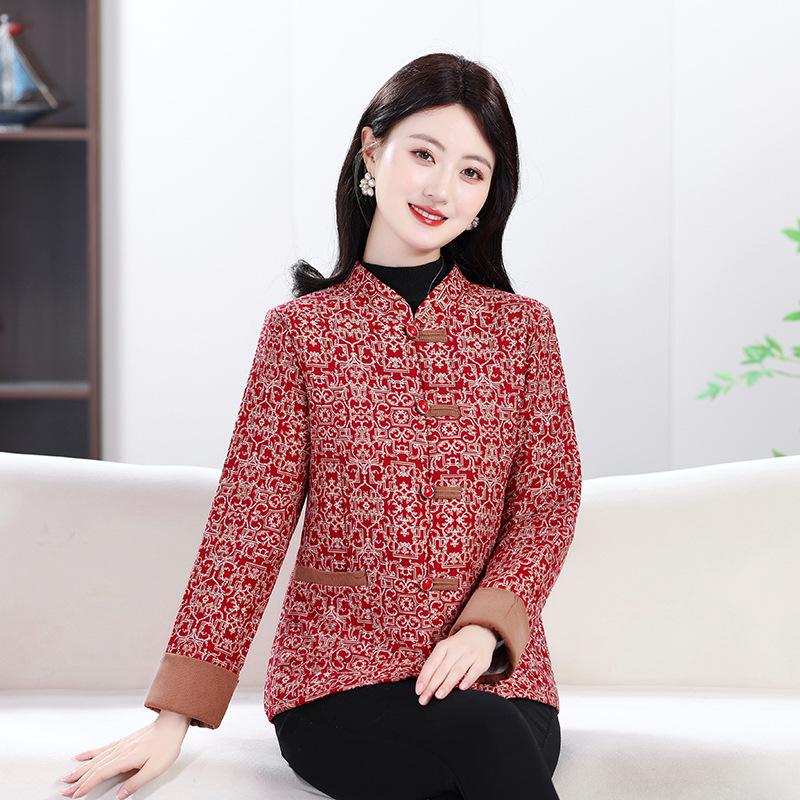 Dámská bunda slim fit ze směsi bavlny: Podzimní/Zimní Národní Styl, Hřejivý Kabát pro Matky Středního Věku a Starší s Plus Sametem.