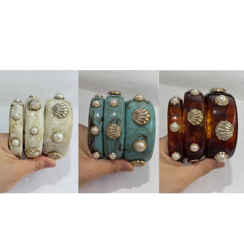 Pearl & Seashell Embedded Cuff Bangles - Ocean Theme Boho Resin Bracelet Trendy Stackable Bracelets for Women
