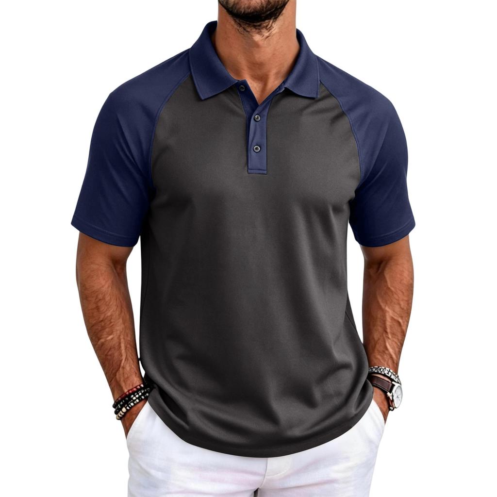 Men's Color Block Raglan Short Sleeve Shirt with Collar for Casual Daily Wear