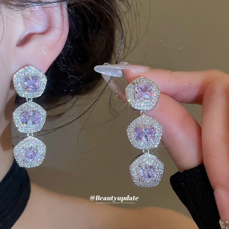 Court Style Purple Zircon Square Necklace Bracelet Earrings Elegant Fashion Jewelry Set Light Luxury Temperament Jewelry Women